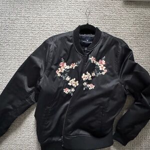 American Eagle Outfitters Black Bomber Jacket with Floral Embroidery